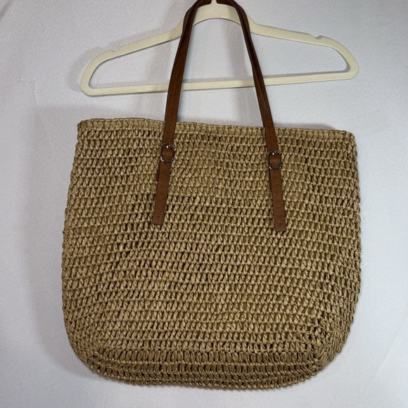 Ellos Zip Top Straw Bag w/Adjustable Straps, Natural Woven Tan Tote Bag - Picture 4 of 7